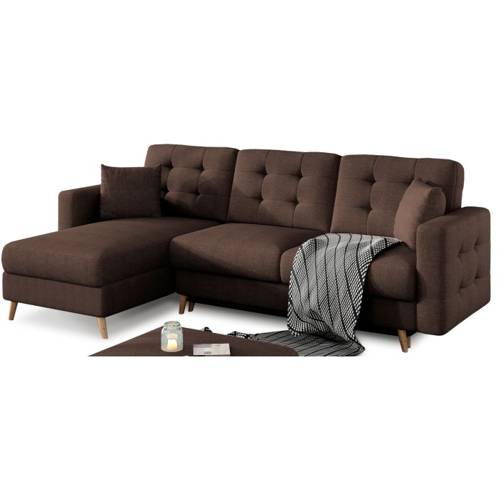Canapé d’angle convertible HASGARD 3 places marron 248x162 cm – coffre et pieds bois