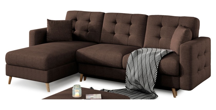 Canapé d’angle convertible HASGARD 3 places marron 248x162 cm – coffre et pieds bois