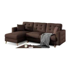 Canapé d’angle convertible HASGARD 3 places marron 248x162 cm – coffre et pieds bois