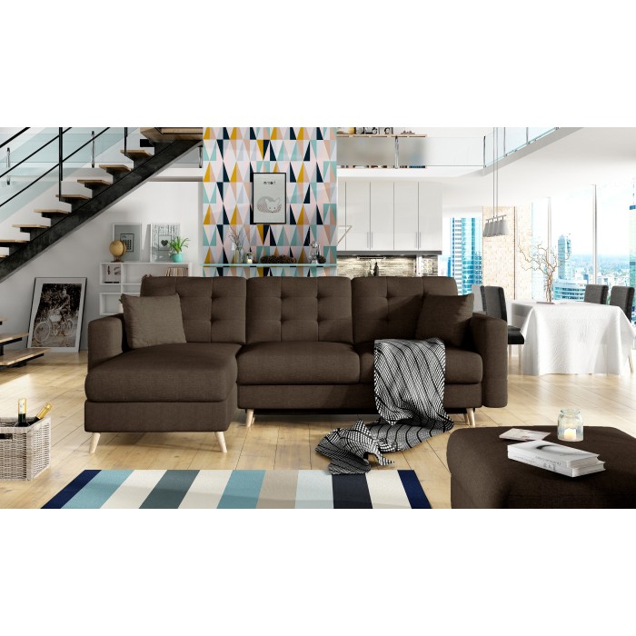 Canapé d’angle convertible HASGARD 3 places marron 248x162 cm – coffre et pieds bois