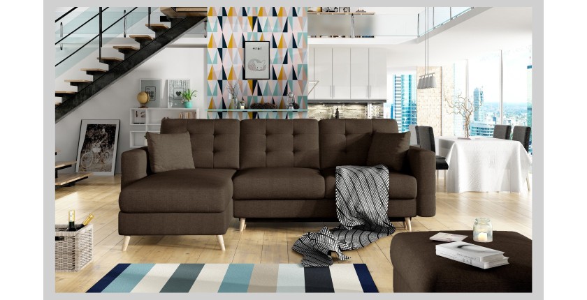 Canapé d’angle convertible HASGARD 3 places marron 248x162 cm – coffre et pieds bois