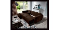 Canapé d’angle convertible HASGARD 3 places marron 248x162 cm – coffre et pieds bois
