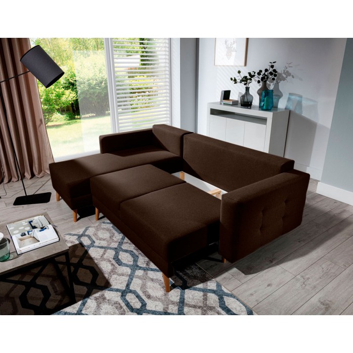 Canapé d’angle convertible HASGARD 3 places marron 248x162 cm – coffre et pieds bois
