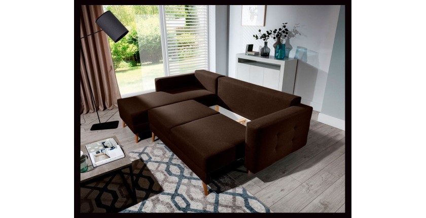 Canapé d’angle convertible HASGARD 3 places marron 248x162 cm – coffre et pieds bois