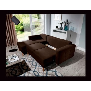 Canapé d’angle convertible HASGARD 3 places marron 248x162 cm – coffre et pieds bois