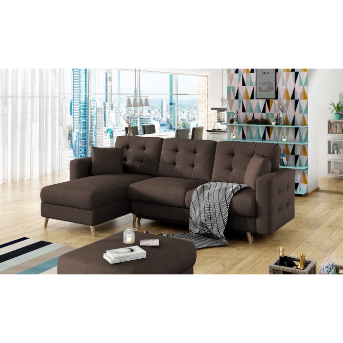 Canapé d’angle convertible HASGARD 3 places marron 248x162 cm – coffre et pieds bois