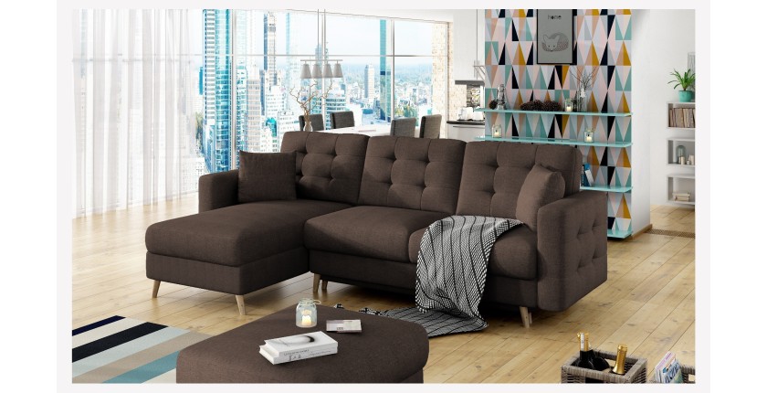 Canapé d’angle convertible HASGARD 3 places marron 248x162 cm – coffre et pieds bois