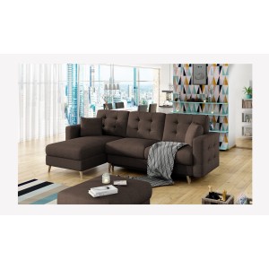 Canapé d’angle convertible HASGARD 3 places marron 248x162 cm – coffre et pieds bois