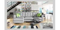 Canapé d’angle convertible HASGARD 3 places gris 248x162 cm – coffre et pieds bois