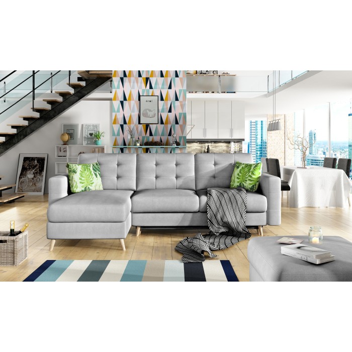 Canapé d’angle convertible HASGARD 3 places gris 248x162 cm – coffre et pieds bois