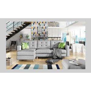 Canapé d’angle convertible HASGARD 3 places gris 248x162 cm – coffre et pieds bois