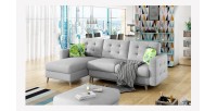 Canapé d’angle convertible HASGARD 3 places gris 248x162 cm – coffre et pieds bois