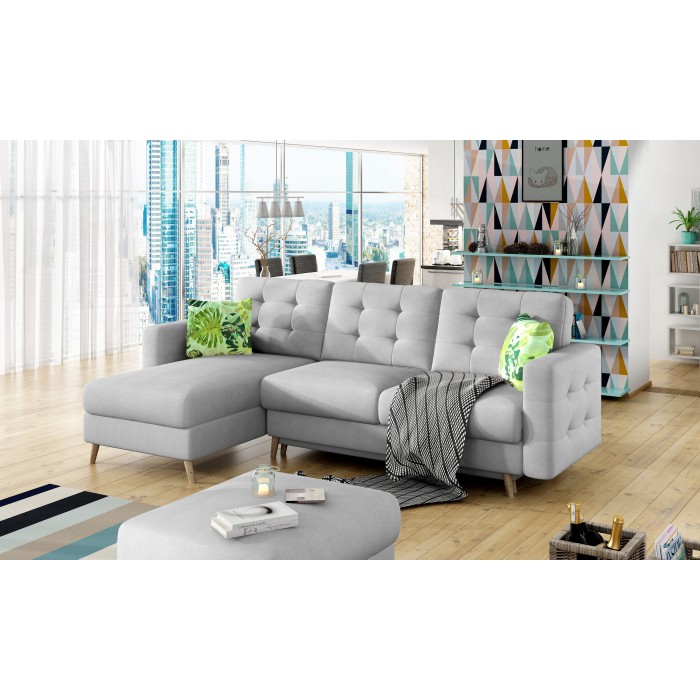 Canapé d’angle convertible HASGARD 3 places gris 248x162 cm – coffre et pieds bois