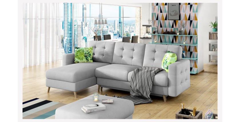 Canapé d’angle convertible HASGARD 3 places gris 248x162 cm – coffre et pieds bois