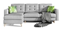Canapé d’angle convertible HASGARD 3 places gris 248x162 cm – coffre et pieds bois