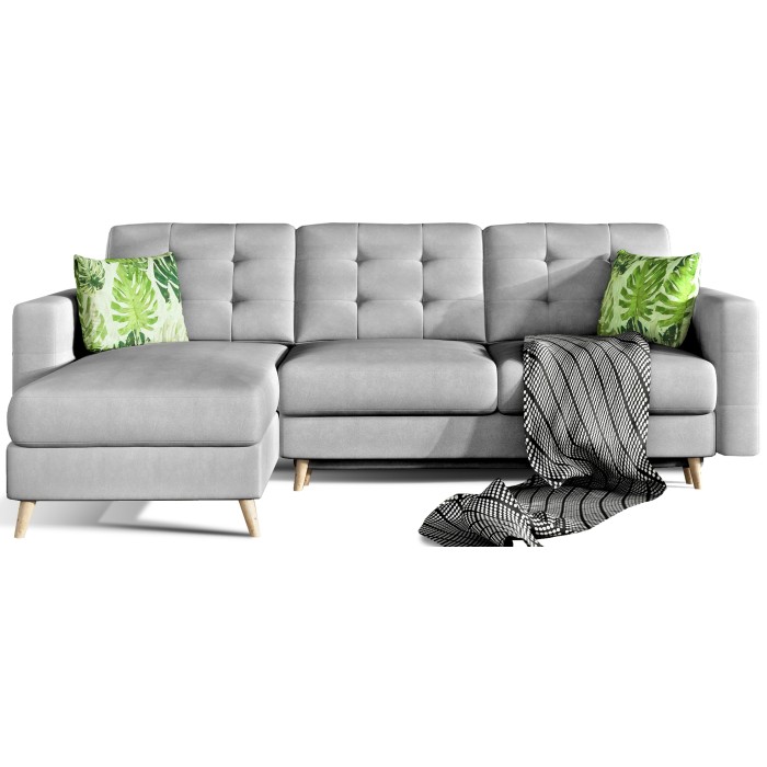 Canapé d’angle convertible HASGARD 3 places gris 248x162 cm – coffre et pieds bois