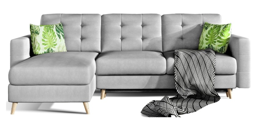 Canapé d’angle convertible HASGARD 3 places gris 248x162 cm – coffre et pieds bois