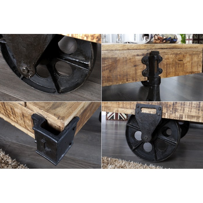 Zoom sur les détails de la table basse RAIL en bois et métal style industriel