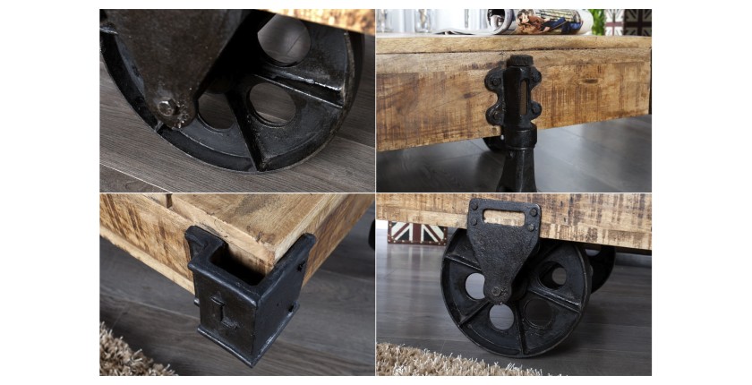 Zoom sur les détails de la table basse RAIL en bois et métal style industriel