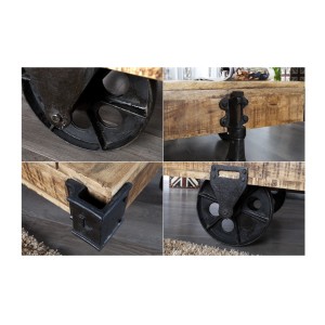 Zoom sur les détails de la table basse RAIL en bois et métal style industriel