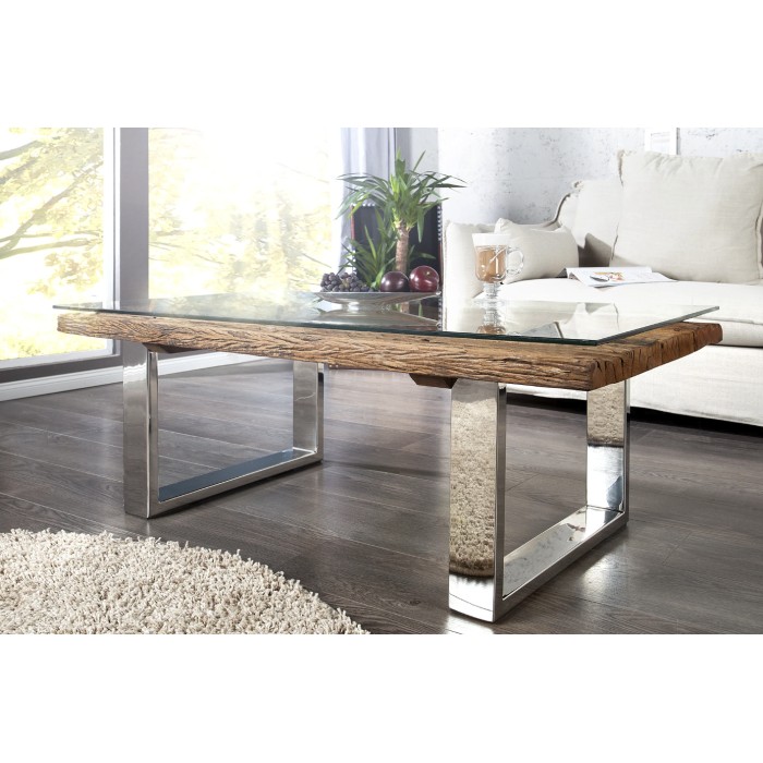 Couchtisch RAFTA 110 cm aus recyceltem Teakholz und Sicherheitsglas – Industriedesign mit U-förmigen Beinen