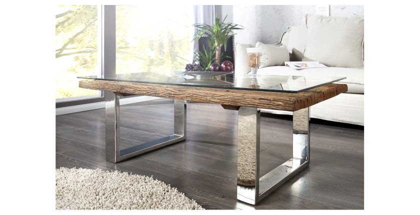 Table basse RAFTA 110cm avec plateau en verre mise en situation