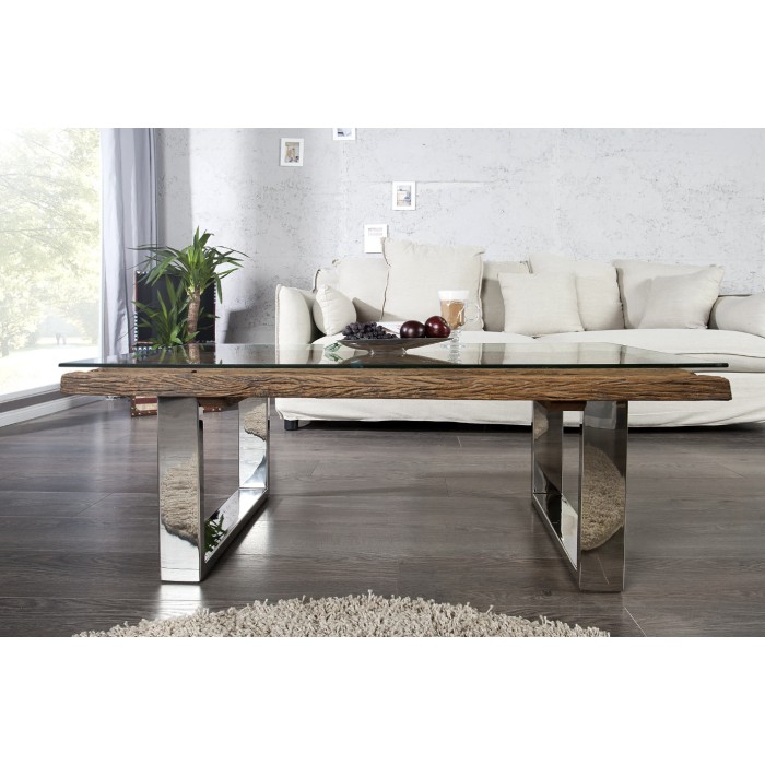 Couchtisch RAFTA 110 cm aus recyceltem Teakholz und Sicherheitsglas – Industriedesign mit U-förmigen Beinen