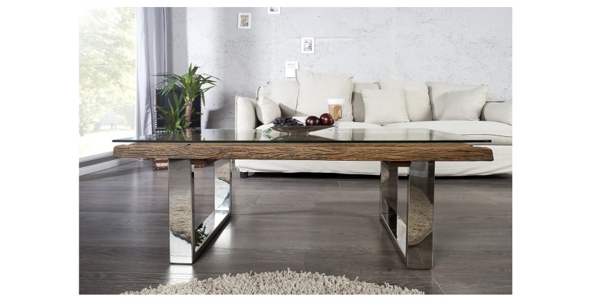 Table basse RAFTA 110cm avec plateau en verre vue de face