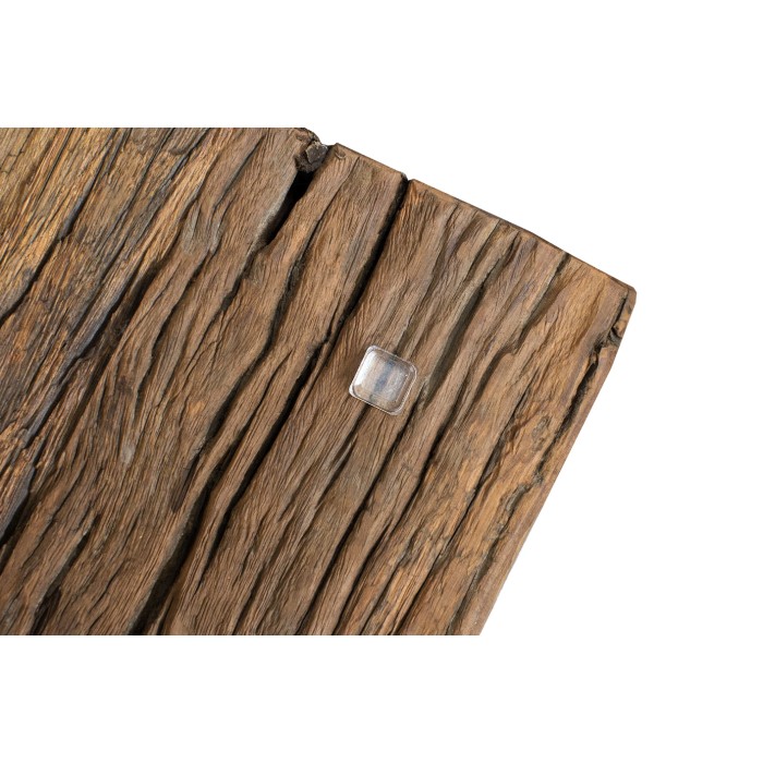 Couchtisch RAFTA 110 cm aus recyceltem Teakholz und Sicherheitsglas – Industriedesign mit U-förmigen Beinen