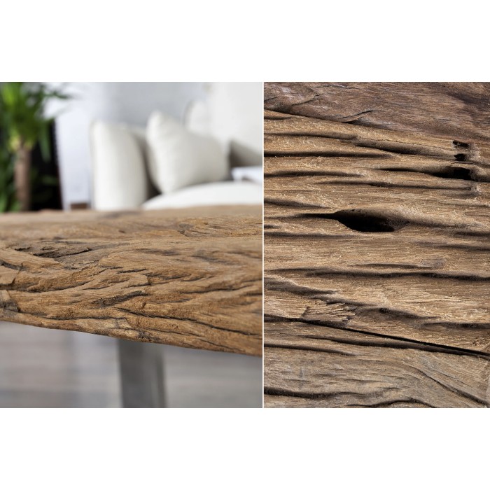 Couchtisch RAFTA 110 cm aus recyceltem Teakholz und Sicherheitsglas – Industriedesign mit U-förmigen Beinen