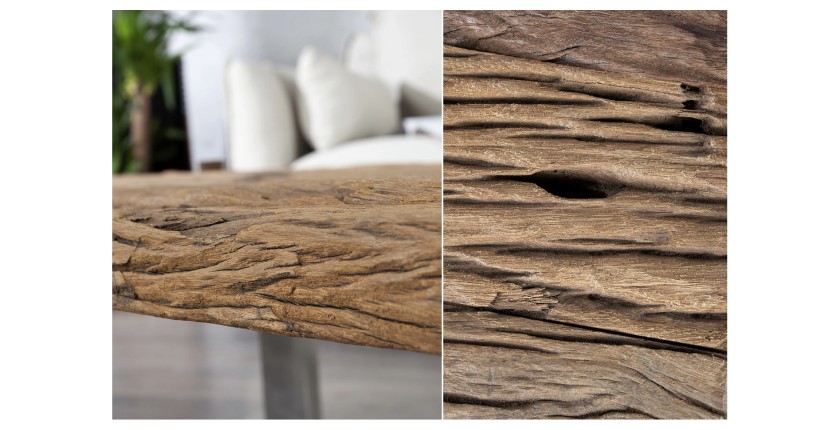 Zoom sur les détails du sous-plateau en bois de la table basse RAFTA 110cm avec plateau en verre