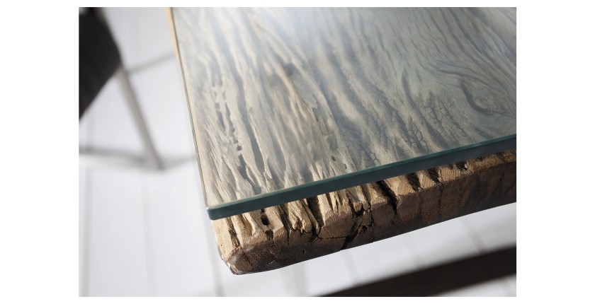 Zoom sur le plateau en verre de la table basse RAFTA 110cm avec plateau en verre