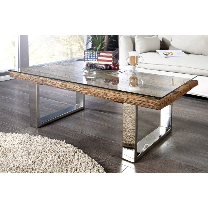 Couchtisch RAFTA 110 cm aus recyceltem Teakholz und Sicherheitsglas – Industriedesign mit U-förmigen Beinen