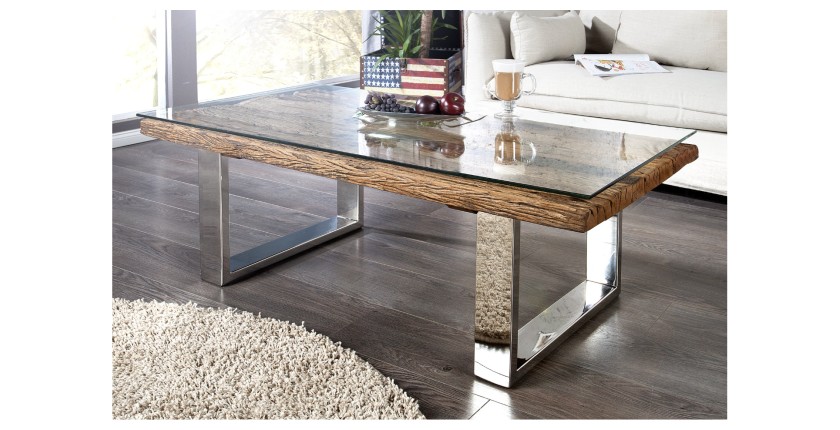 Table basse RAFTA 110cm avec plateau en verre vue de côté