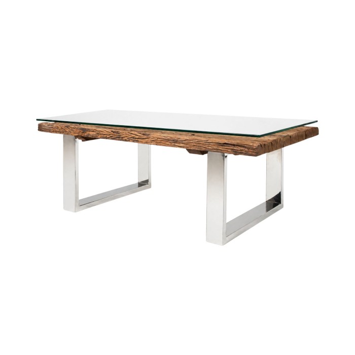 Couchtisch RAFTA 110 cm aus recyceltem Teakholz und Sicherheitsglas – Industriedesign mit U-förmigen Beinen