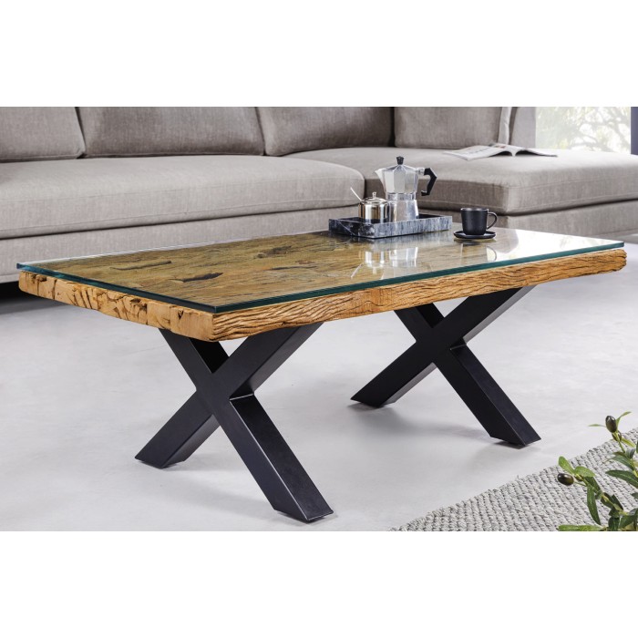 Couchtisch RAFTA 110 cm aus recyceltem Teakholz mit gehärtetem Glas – Industriedesign mit gekreuzten Metallbeinen