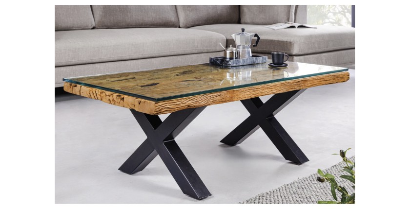 Table basse RAFTA 110cm en bois de Teck avec plateau en verre mise en situation