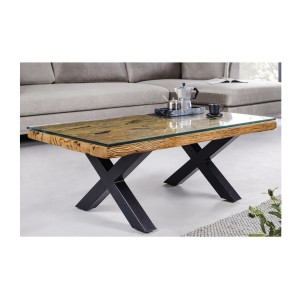 Table basse RAFTA 110cm en bois de Teck avec plateau en verre mise en situation