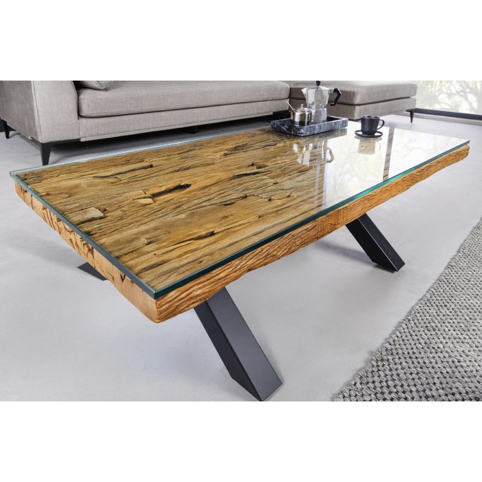 Couchtisch RAFTA 110 cm aus recyceltem Teakholz mit gehärtetem Glas – Industriedesign mit gekreuzten Metallbeinen