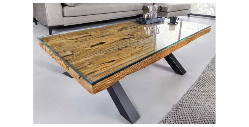Table basse RAFTA 110cm en bois de Teck avec plateau en verre vue de haut