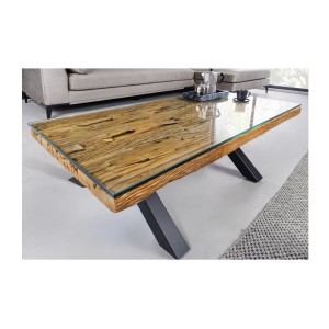 Table basse RAFTA 110cm en bois de Teck avec plateau en verre vue de haut