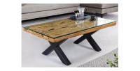Table basse RAFTA 110cm en bois de Teck avec plateau en verre vue de côté