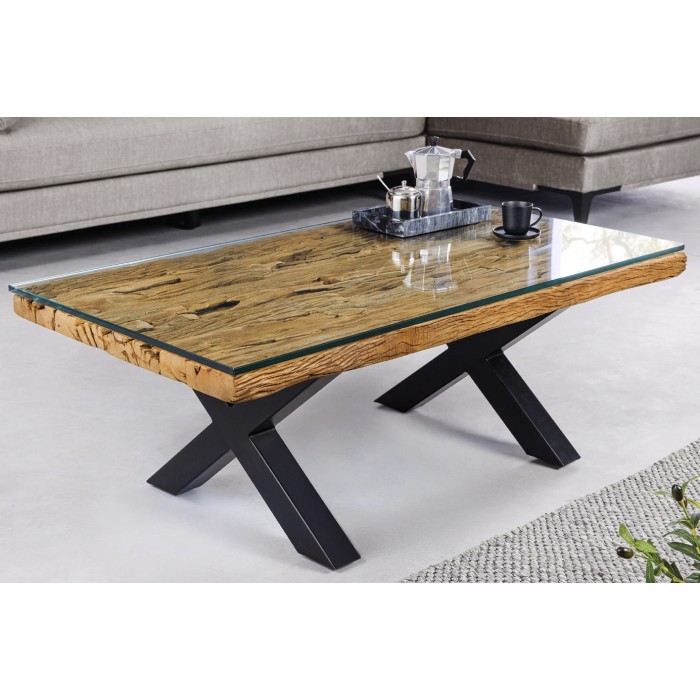 Couchtisch RAFTA 110 cm aus recyceltem Teakholz mit gehärtetem Glas – Industriedesign mit gekreuzten Metallbeinen