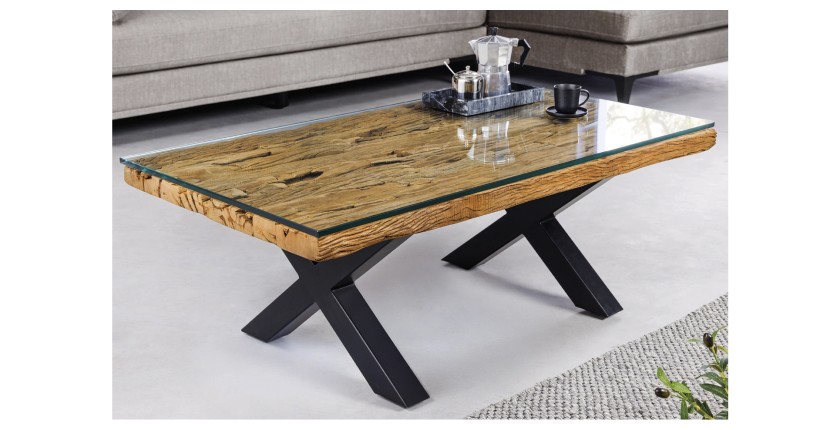 Table basse RAFTA 110cm en bois de Teck avec plateau en verre vue de côté