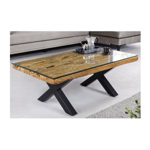Table basse RAFTA 110cm en bois de Teck avec plateau en verre vue de côté