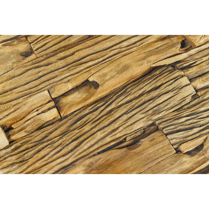 Couchtisch RAFTA 110 cm aus recyceltem Teakholz mit gehärtetem Glas – Industriedesign mit gekreuzten Metallbeinen