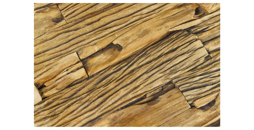 Zoom sur les détails du plateau en bois de Teck de la table basse RAFTA 110cm en bois de Teck avec plateau en verre