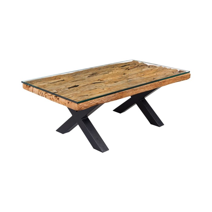 Couchtisch RAFTA 110 cm aus recyceltem Teakholz mit gehärtetem Glas – Industriedesign mit gekreuzten Metallbeinen