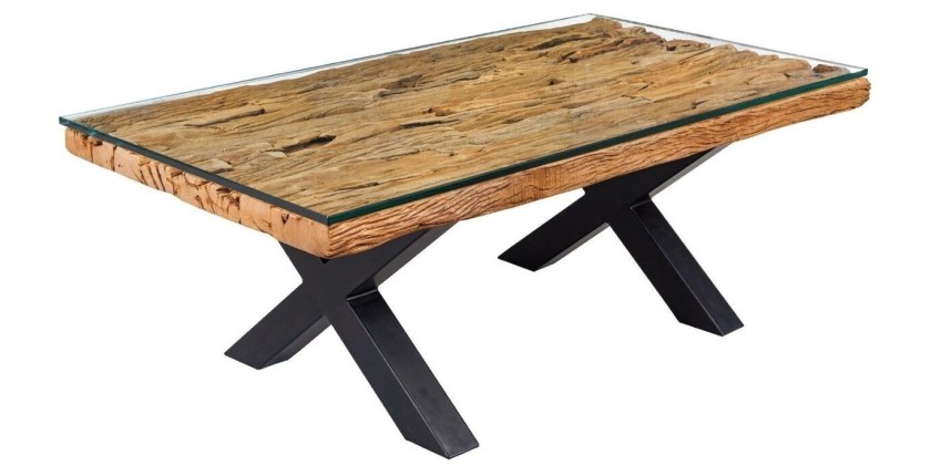 Table basse RAFTA 110cm en bois de Teck avec plateau en verre
