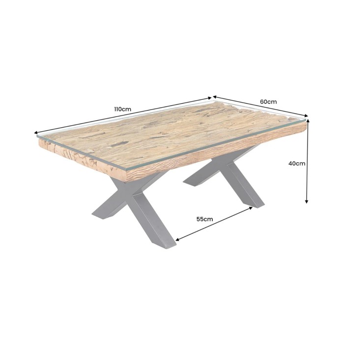 Couchtisch RAFTA 110 cm aus recyceltem Teakholz mit gehärtetem Glas – Industriedesign mit gekreuzten Metallbeinen
